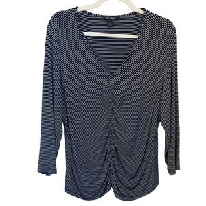 ST JOHN Stretch Viscose Knit Ruched Front Long Sleeve Top Navy Stripe Size XL
